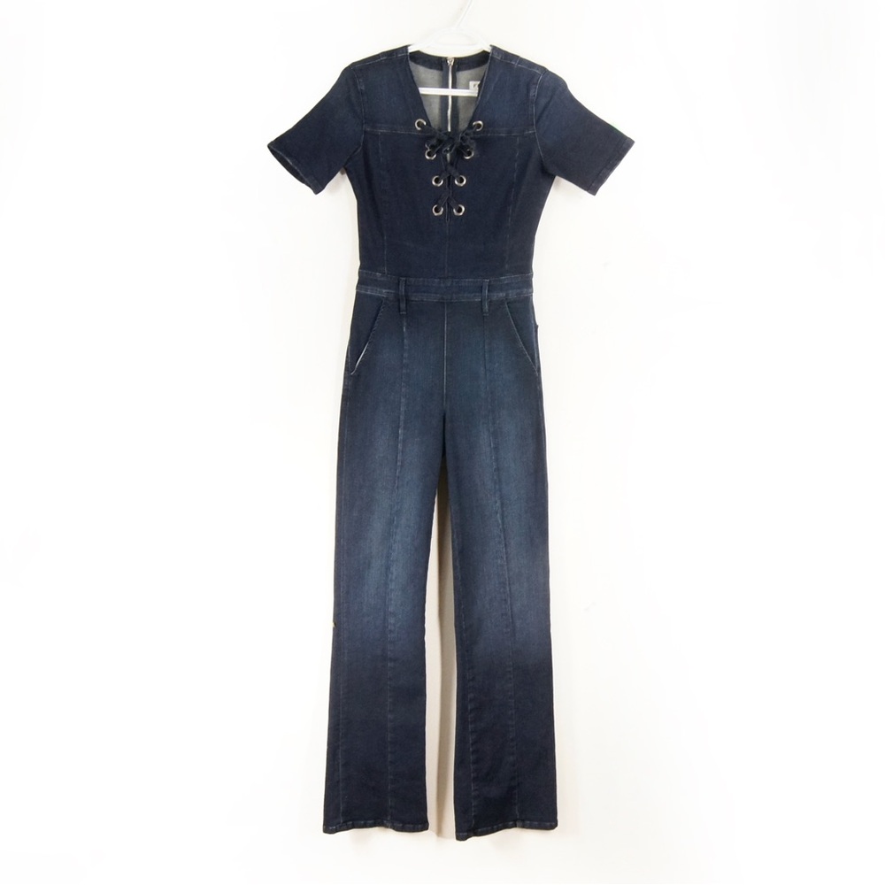 Frame Lace Up Flare Leg Denim Le Jumpsuit Onepiece in Prosser Blue Medium Wash